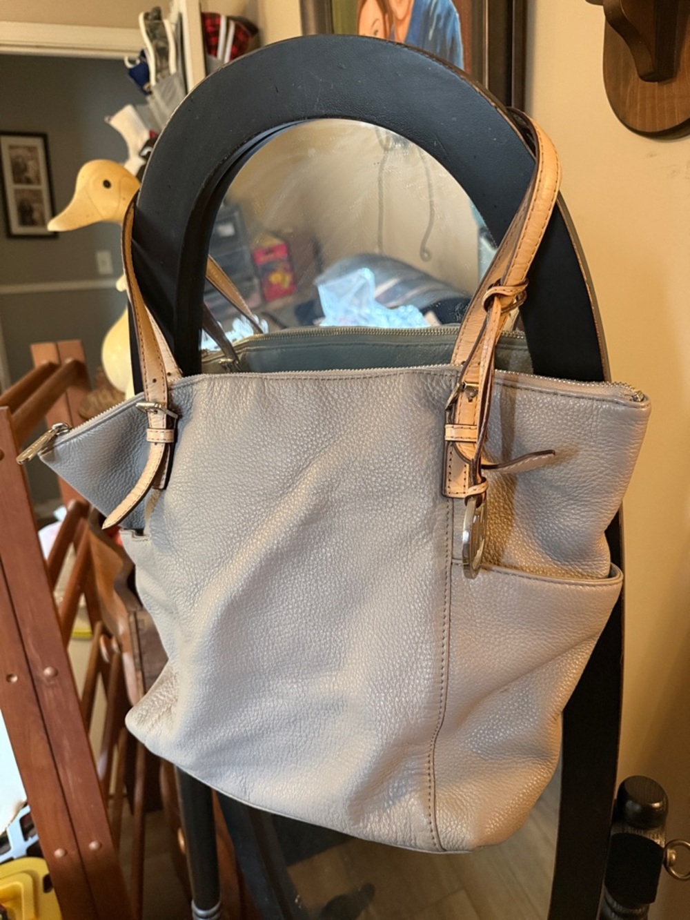 Michael Kors Pebbled Leather Shoulder Bag in Light Gray with Tan Straps